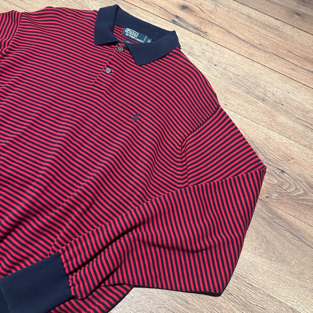 Vintage Polo Ralph Lauren Red Navy Striped Knit Polo Sweater Mens XL